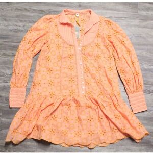 Roiii Mini Dress XS Peach Eyelet Embroidered Boho Long Sleeve Button Front NWT